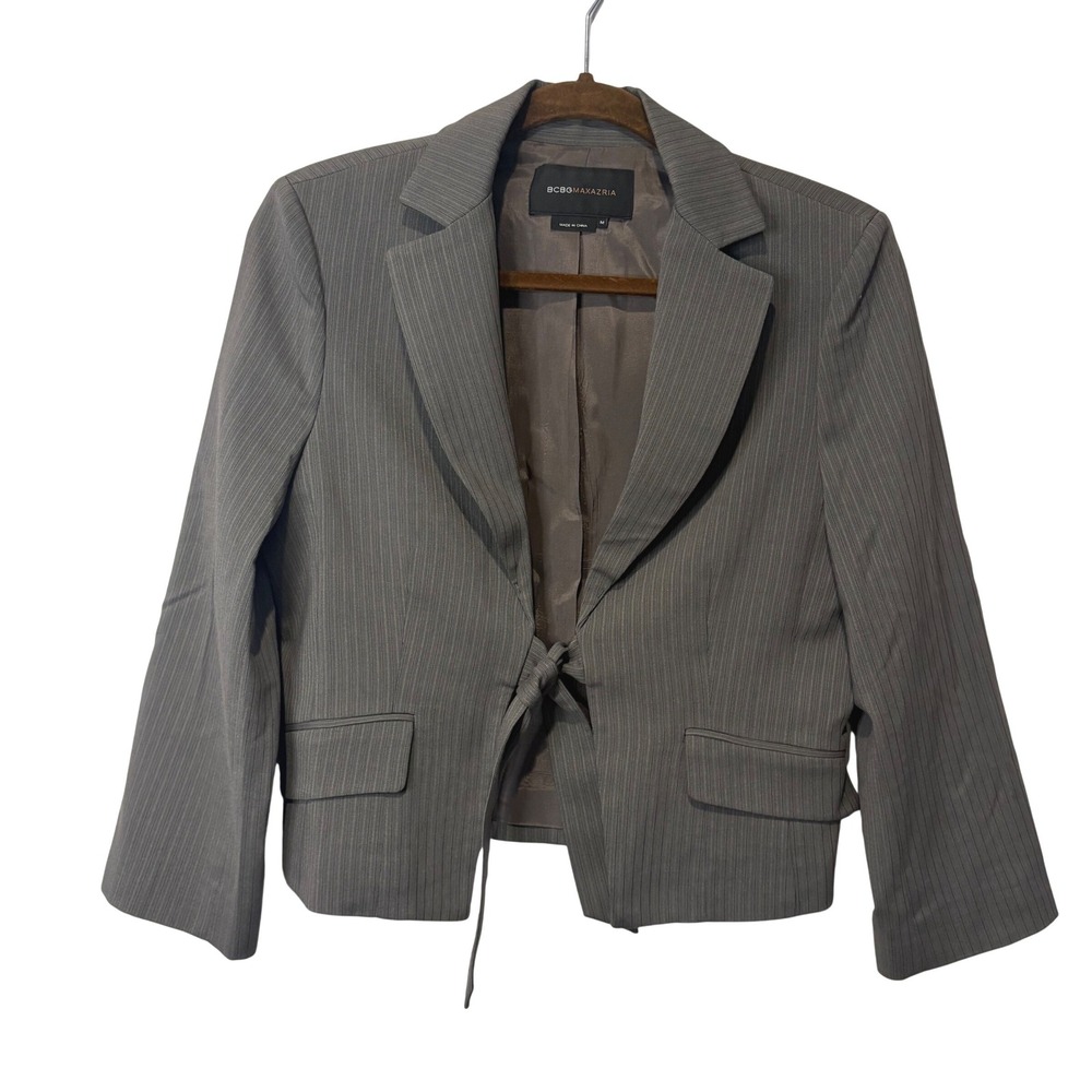 BCBGMAXAZRIA Lolita Gray Pinstripe Tie Front Blazer Jacket Womens Size M Career